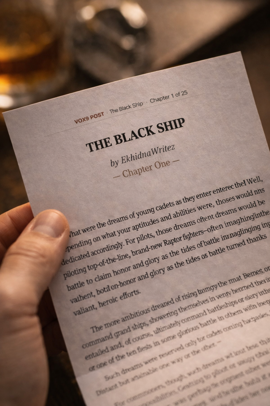 A hand holding a printed chapter of The Black Ship