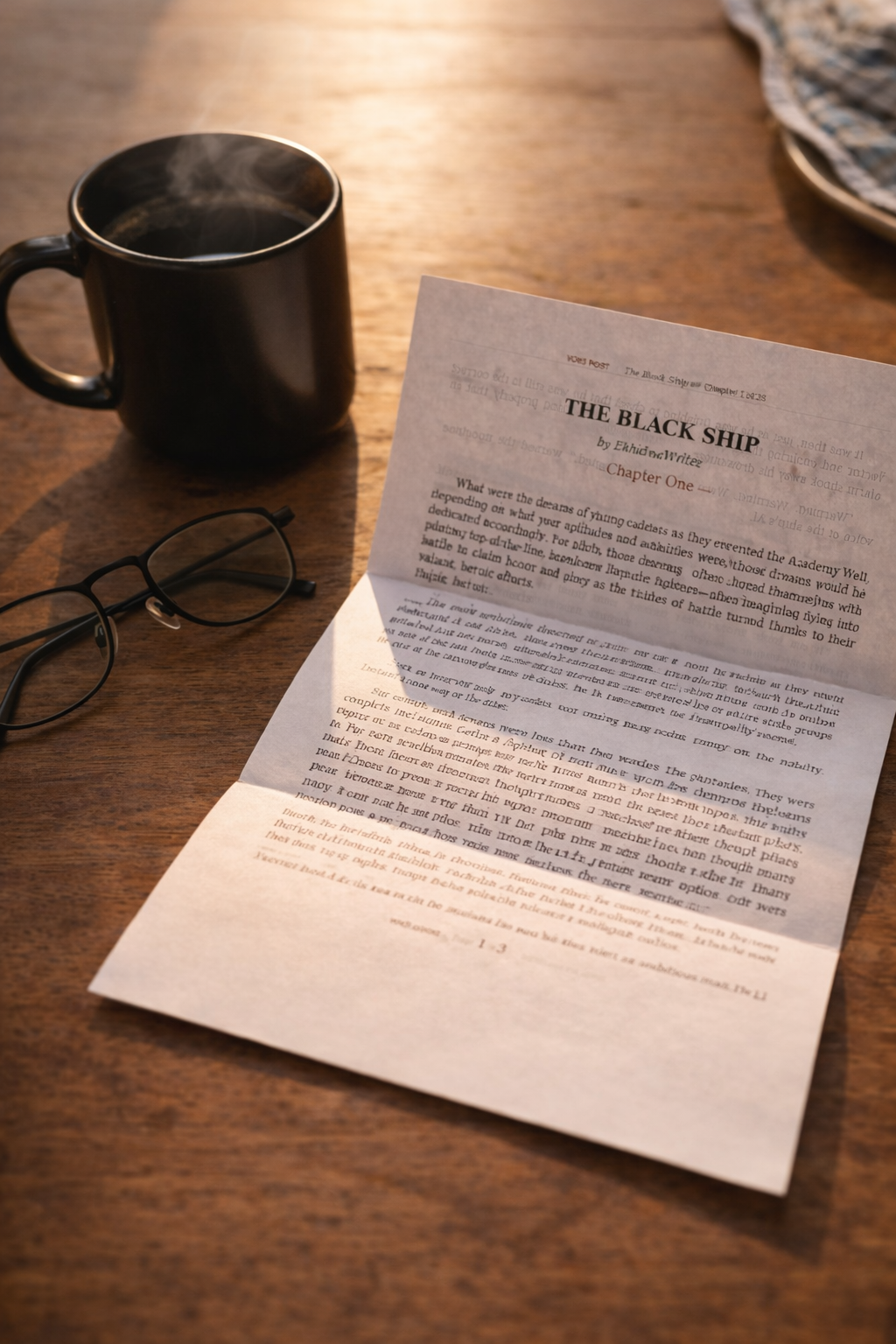 A printed chapter of The Black Ship on a table with coffee and reading glasses