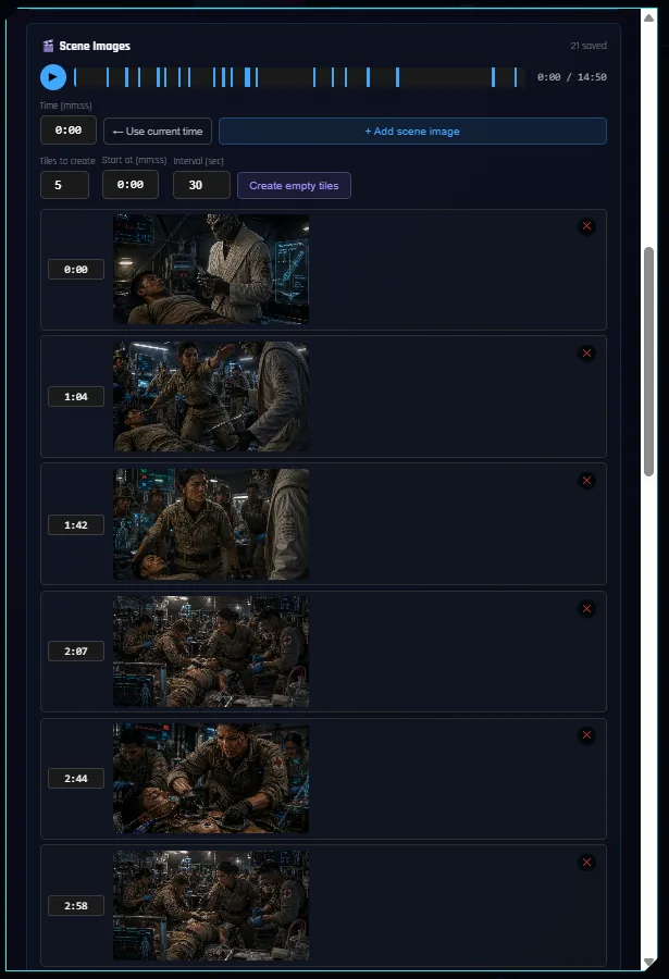 The Scene Images panel in the episode edit tab, showing a timeline of markers and a list of images each with its own timestamp