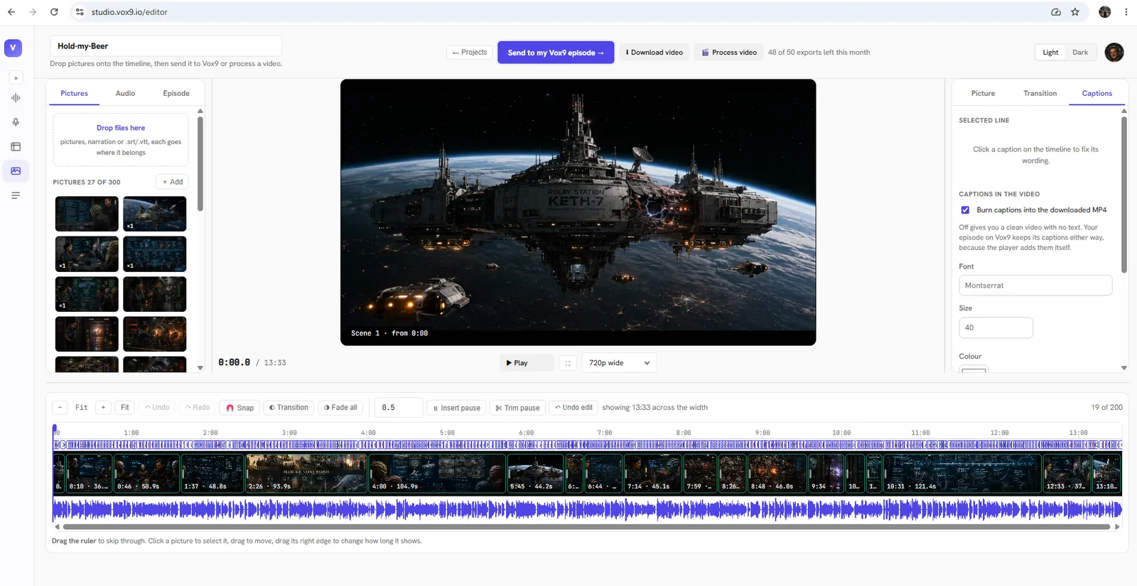 The Vox9 Studios editor with an episode loaded: pictures on the left, preview in the middle, caption settings on the right, and a timeline of scenes and audio along the bottom