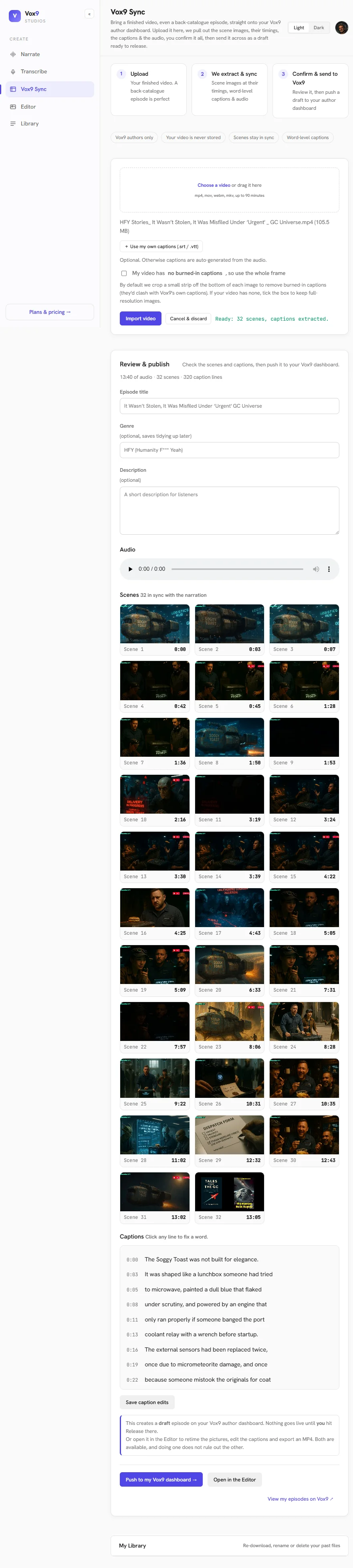The whole Vox9 Sync page: upload, extract and confirm steps at the top, then the review and publish screen with 32 extracted scenes as thumbnails with timestamps, the generated captions, and a button to push the result to the Vox9 dashboard