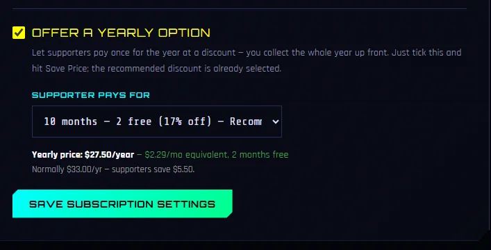 The Offer a Yearly Option setting: a tick box, a dropdown set to 10 months for the price of 12 which is 17 percent off, and the resulting yearly price shown as 27 dollars 50 a year