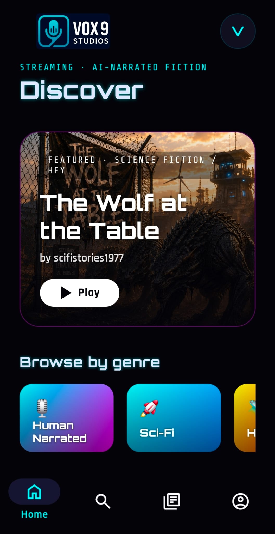 Vox9 audiobook app for Android — browse screen